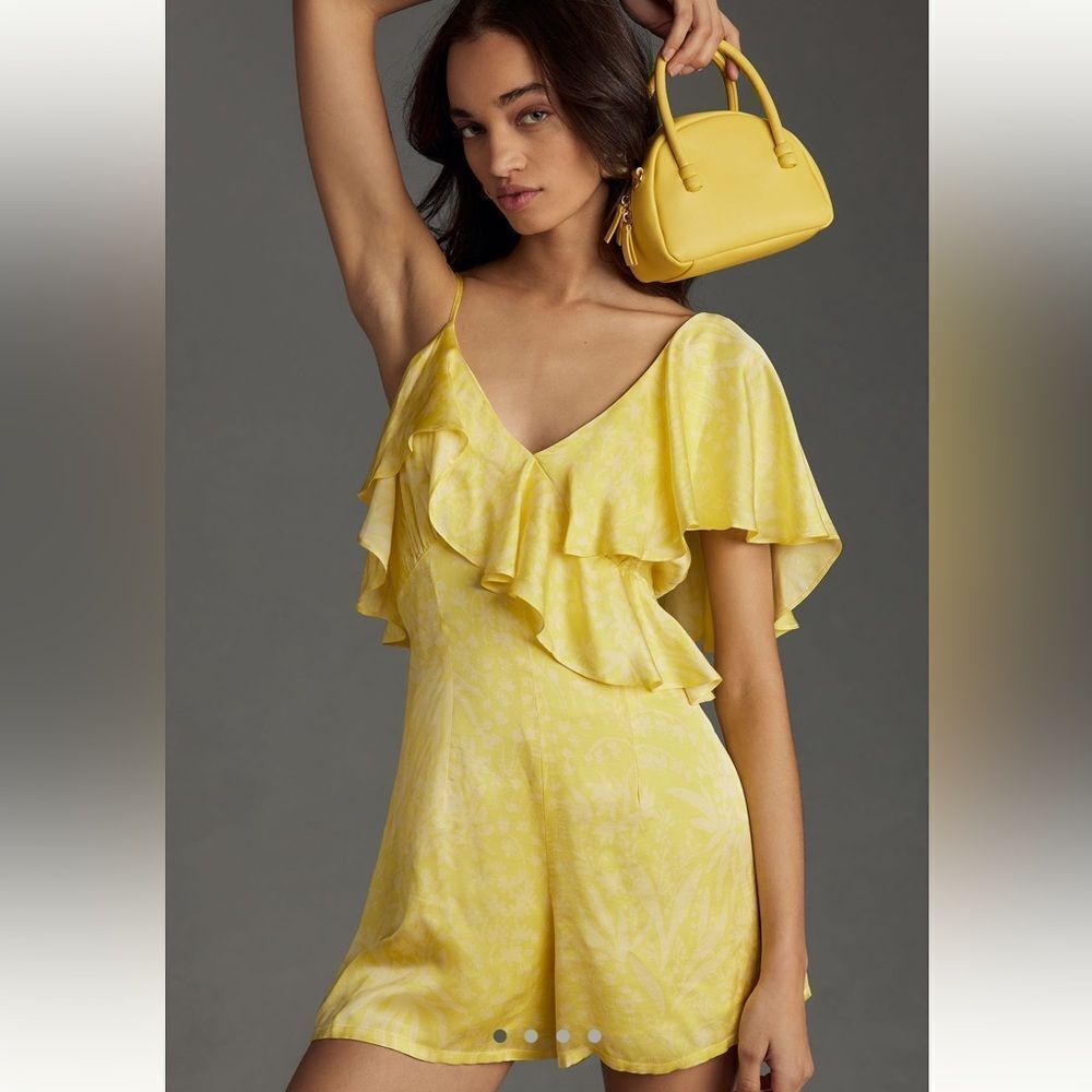 Corey Lynn Calter x Anthropologie One Shoulder Floral Print Ruffle Romper-Yellow